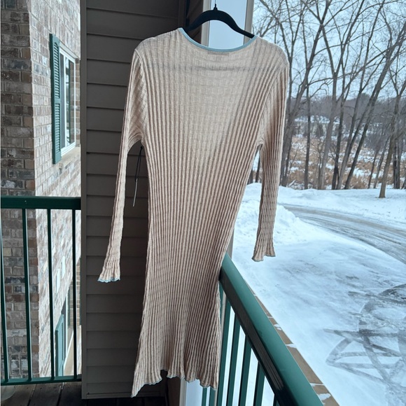 🆕 SWTR Ribbed Knit Long Cardigan Dress Beige Blue Trim Button Front Size M NWT - Picture 4 of 16